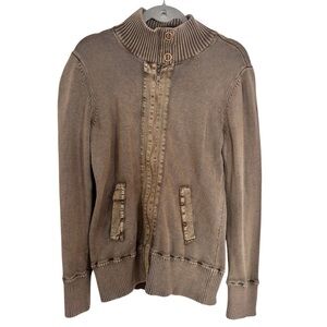 RuffHewn Full-Zip Mock Neck Cotton Knit Cardigan Sweater - Olive - Large